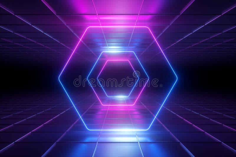 3d odpłacają się, pozafioletowy abstrakcjonistyczny tło, neonowy światło, sześciokąta tunel, korytarz, rama, heksagonalny kształt