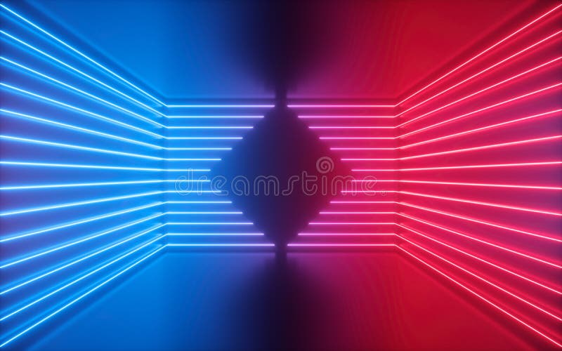 3d odpłacają się, czerwone błękitne neonowe linie, rhombus kształt wśrodku pustego pokoju, wirtualna przestrzeń, pozafioletowy św