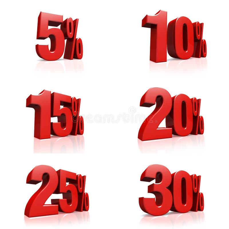 3D render red text 5, 10, 15, 20, 25, 30 percent on white background with reflection. 3D render red text 5, 10, 15, 20, 25, 30 percent on white background with reflection