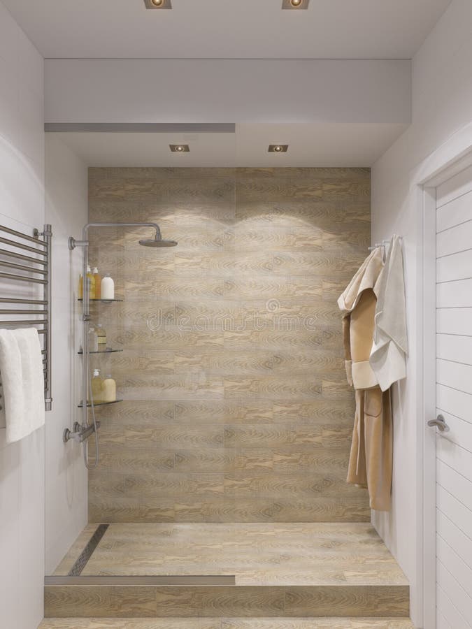 3d illustration of interior design bathroom with a tile woodgrain. 3d illustration of interior design bathroom with a tile woodgrain