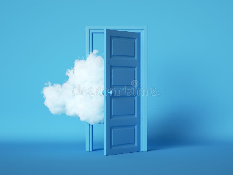 3d odwzorowuje białą, fluffy chmury wylatując przez otwarte drzwi obiektów odizolowanych na niebieskim tle. nowoczesna koncepcja m ilustracji