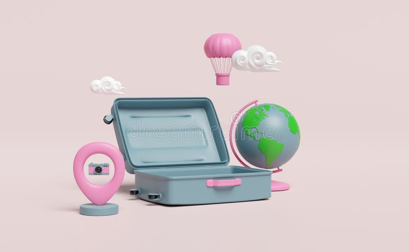 3d offener Koffer leer mit Location pin Gps Navigator Wolkendecke Ballonkamera isoliert auf rosa Hintergrund. Sommer lizenzfreie abbildung