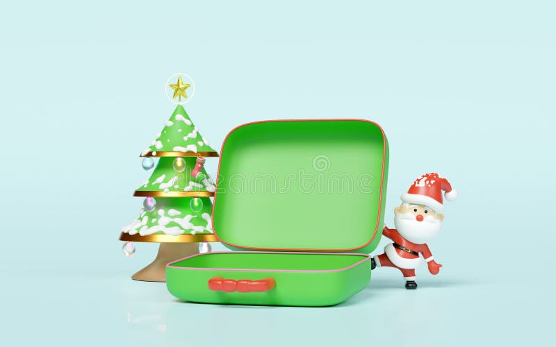 3D offener Koffer leer mit Weihnachtsklauseln Weihnachtsklöster-Lampendekorationen isoliert auf blauem Hintergrund. fröhliche Weih vektor abbildung