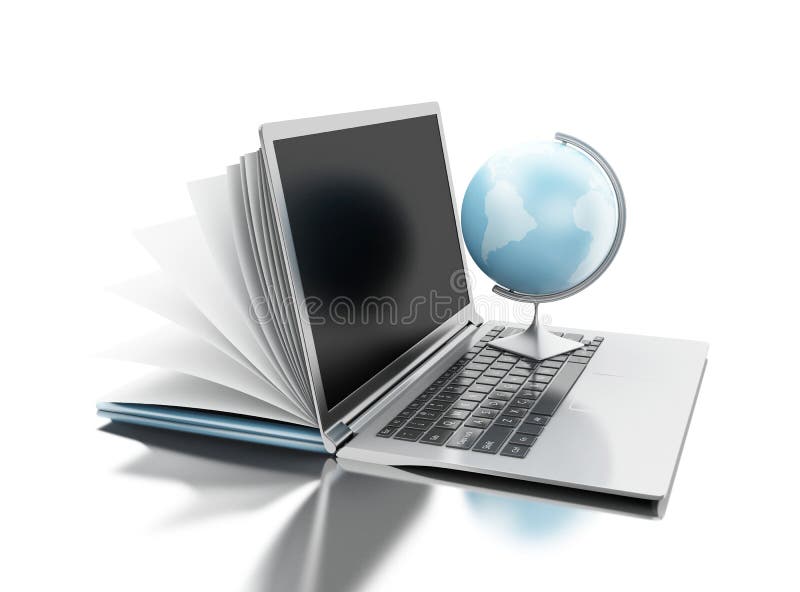 3d Open book turns into an open laptop with globe vector illustration 3d Open book turns into an open laptop with globe vector illustration