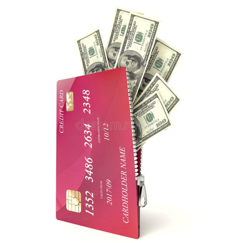 3d Open Credit Card with Dollar Bills, White Background Stock
