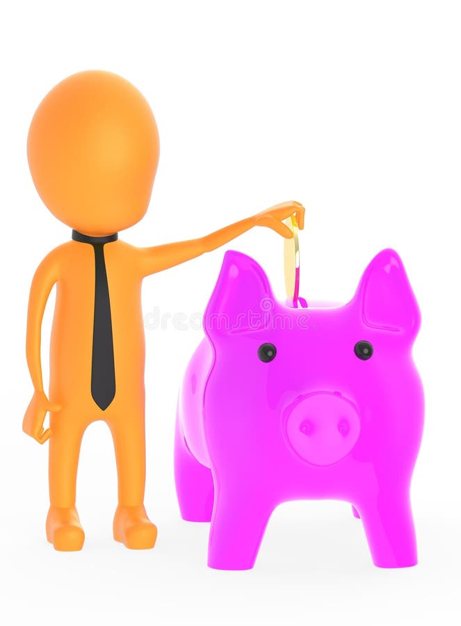 3d orange character inserting golden coin to piggy bank stock illustration 3d orange character inserting golden coin to piggy bank stock illustration