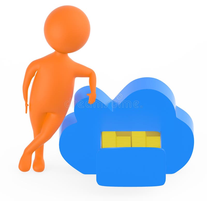 3d orange character presenting a opened drawer in a cloud containing arranged stack of folders - cloud storage vector illustration