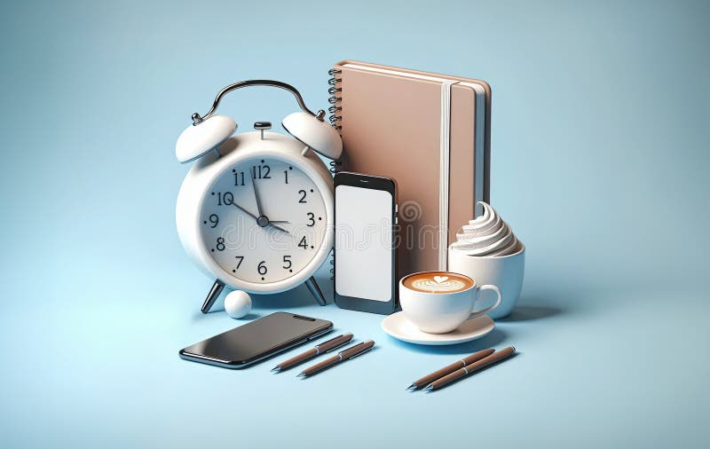 3d orologio bianco libro marrone penna cellulare blu in posizione orizzontale su una linea con uno sfondo blu chiaro minimalismo fotografie stock libere da diritti