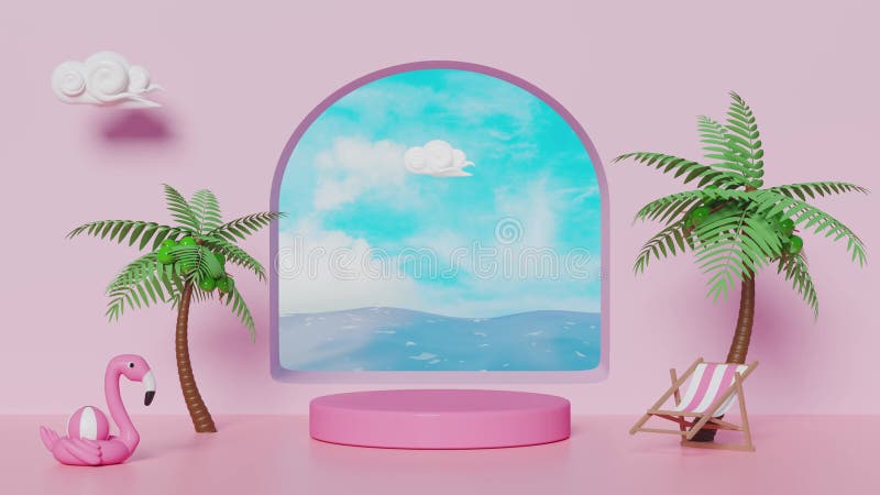 3d palco di bombole rosa vuoto con palma di flamingo, palma di palma da spiaggia nuvola di fondo di cielo blu. geometrico astratto