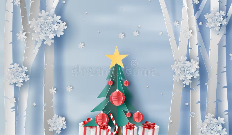 3D paper art of illustration winter season landscape snow fall in forest,Merry Christmas and happy new year in winter time for