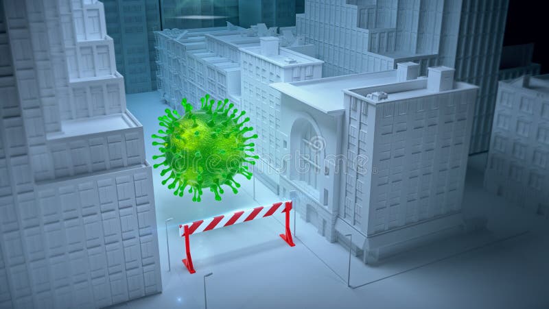 3d particella virale di rendering sopra la città nelle strade di fronte al segnale di arresto della barriera di quarantena. pandem illustrazione vettoriale