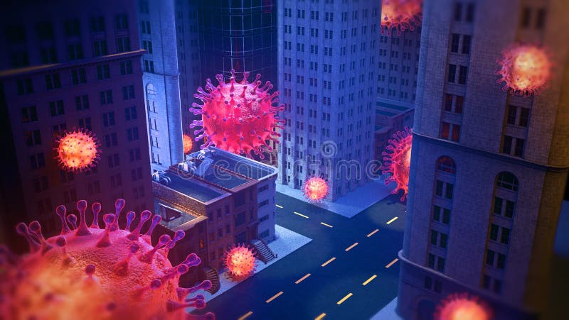 3d particella virale per le strade. pandemia quarantena quarantena isolamento sociale illustrazione di stock