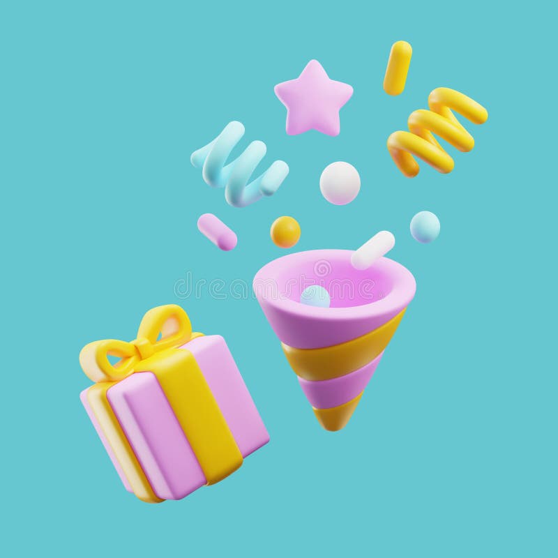 3d-partspottare med konetti serpentinrosa presentboxar med gul bandbuggvektor vid semesterförvåning. 3d-partpeppar med konetti serpentin. flygande rosa presentboxar med gul bandbåge 3d-återge partifärgade täckelement. firande av födelsedagskalender för realistiska vektorer