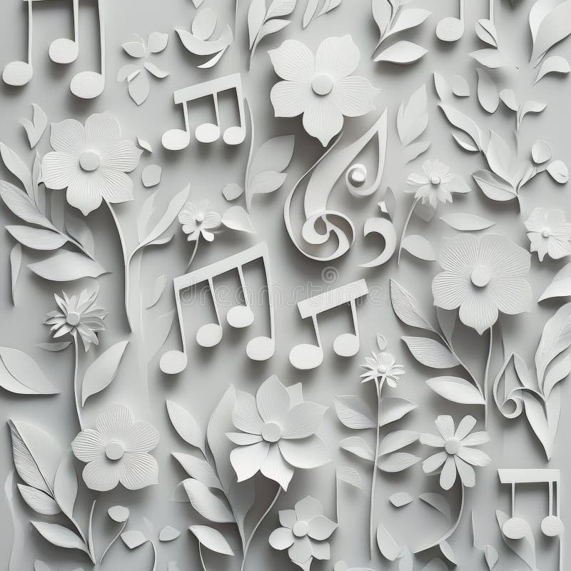 A 3D pattern with flowers and musical notes. Floral embossed background. A grunge modern relief background with flowers royalty free stock images