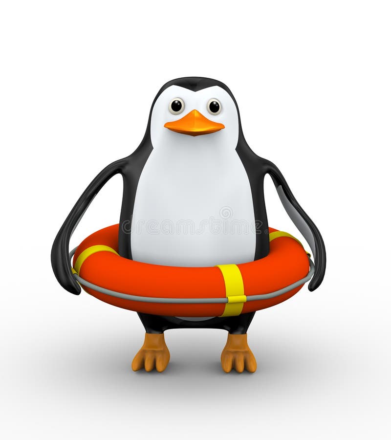 3d penguin in life preserver lifebuoy ring