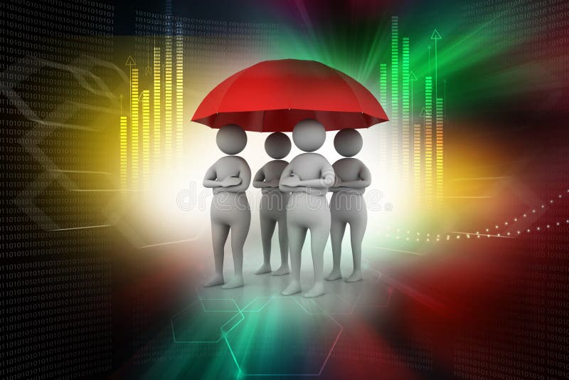 3d People Under A Red Umbrella, Team Work Concept Stock Illustration