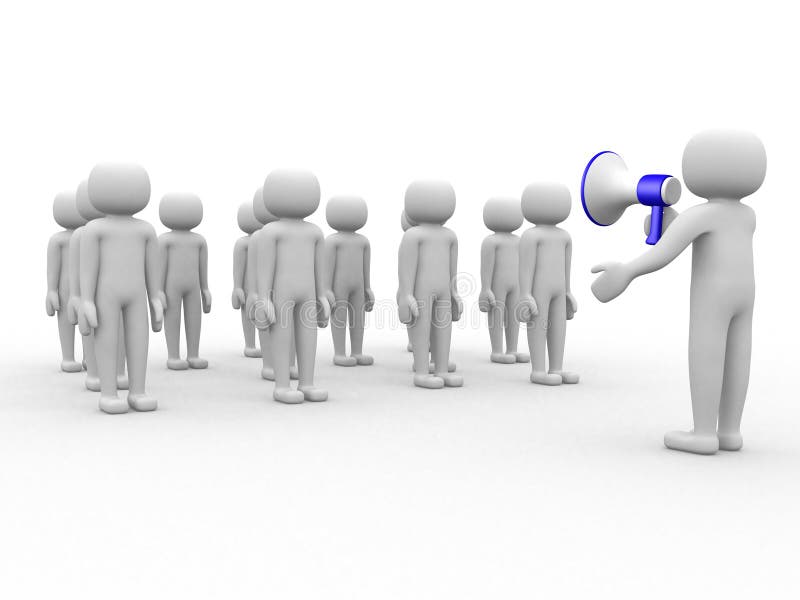 3d person speaking at megaphone in front of the crowd vector illustration