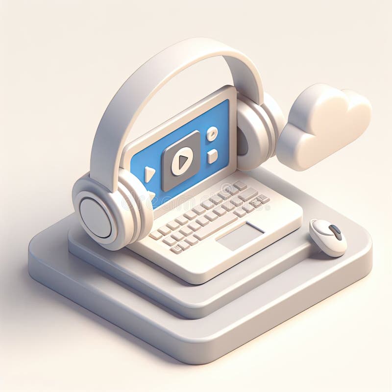 3D icon of a laptop and headphones in isometric style on a white background. 3D icon of a laptop and headphones in isometric style on a white background.