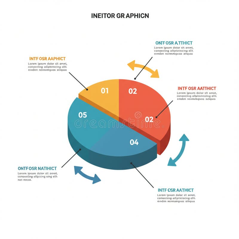 3D pie chart with five segments, labeled 01 to 05, in various colors: orange, red, light vector illustration