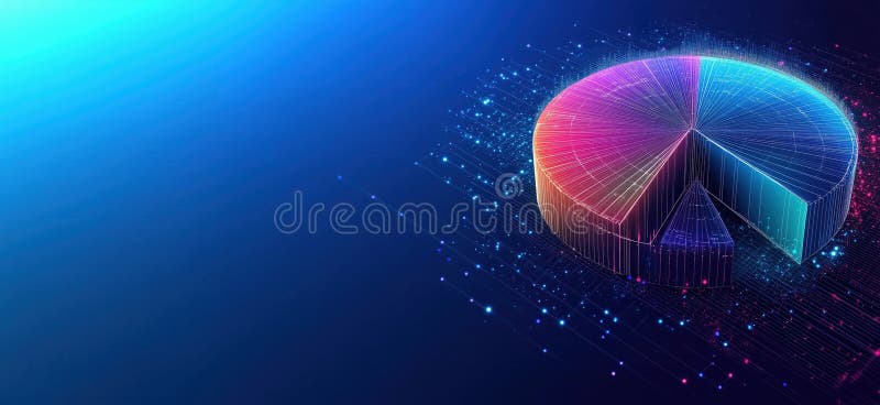 3D pie chart visualization, vibrant colors, digital data representation, glowing lines, abstract background stock photography