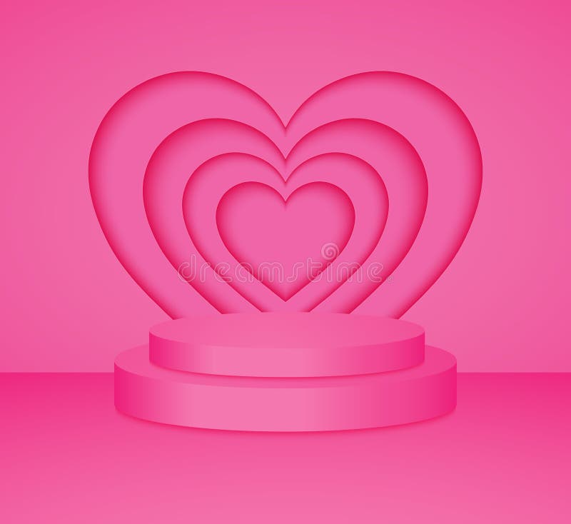 3d Pink cylinder podium minimal studio heart wall background. Abstract 3d geometric stock illustration