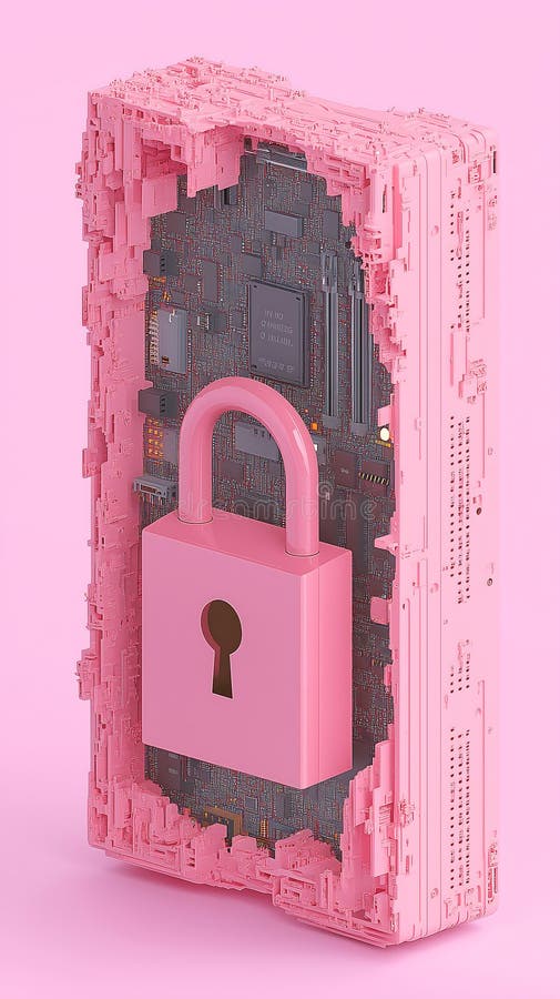 3D pink lock embedded in a cyber device with intricate circuitry, in a futuristic style vector illustration