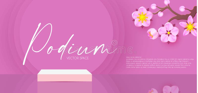 3D pink podium with flowers. Realistic minimal empty scene. Showcase and shelf. Trendy empty stage. vector illustration