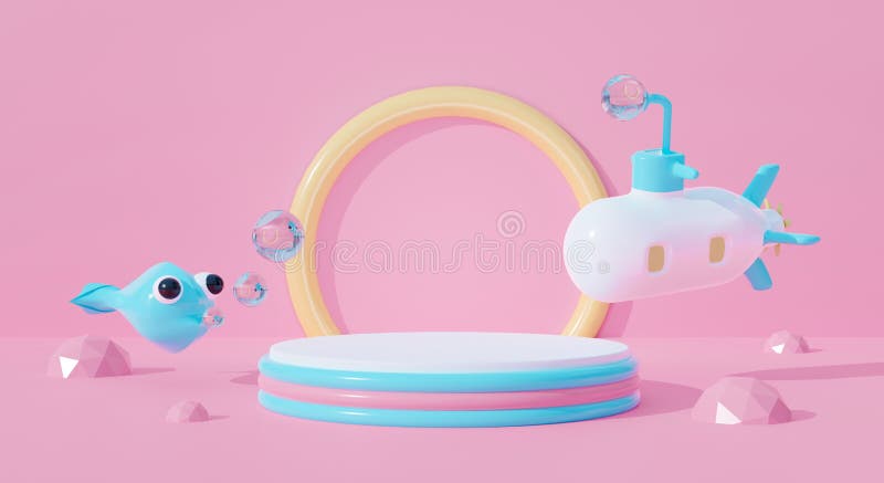 3d pink podium on pastel background abstract geometric shapes with boat ship. Creative ideas minimal summer water fish and