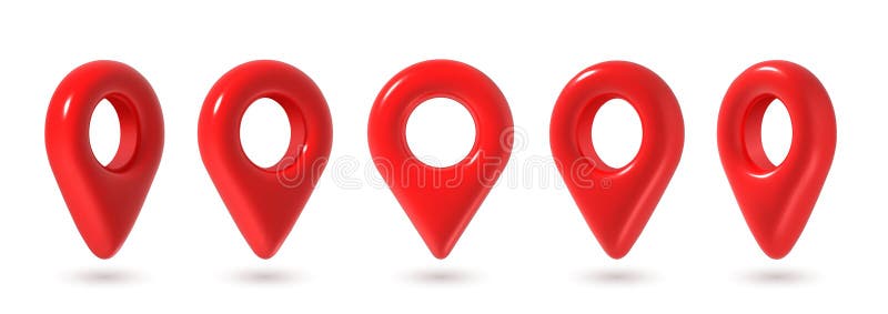 3d pins. Red map location pin in various position, GPS point. Place marker for maps, navigation pointer for app. Destination royalty free illustration