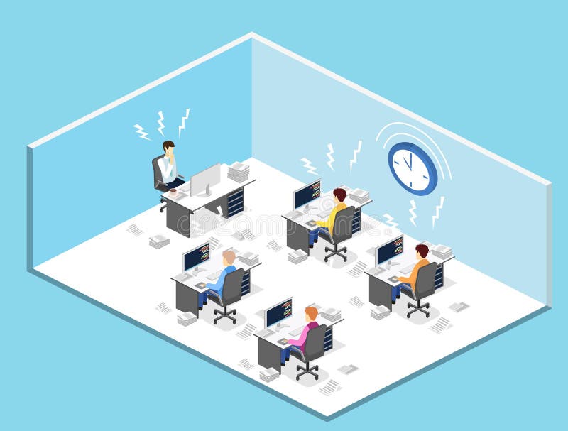3D plano isométrico aisló concepto del plazo del concepto de hombre con exceso de trabajo ilustración del vector