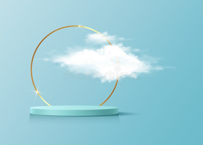 3d platforma studio wyświetlać minimalną złotą, okrągłą ramkę i fluffy cloud. studio niebieskie piętro. luksusowy pokaz sceniczny ilustracja wektor