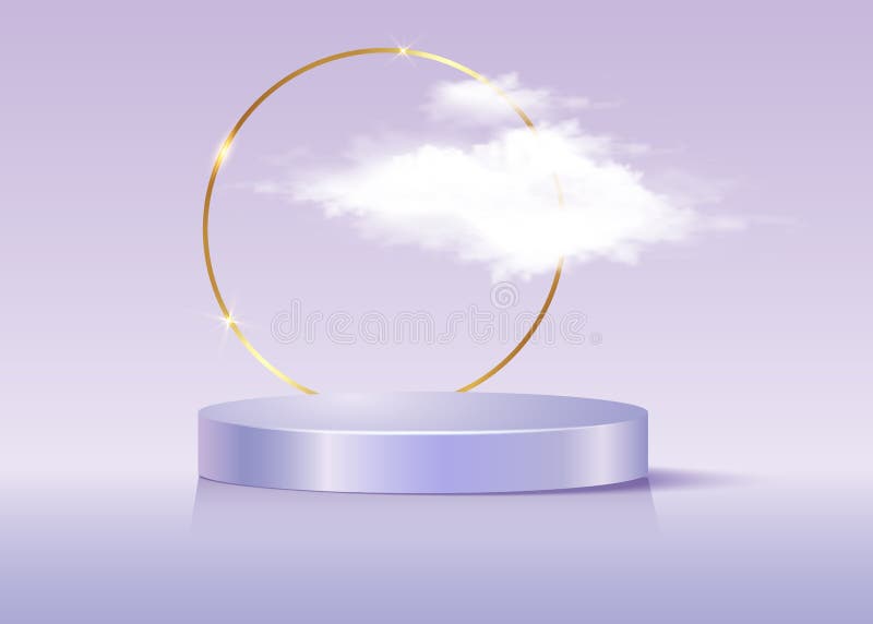 3d platforma studio wyświetlać minimalną złotą, okrągłą ramkę i fluffy cloud. studio niebieskie piętro. luksusowy pokaz sceniczny ilustracja wektor