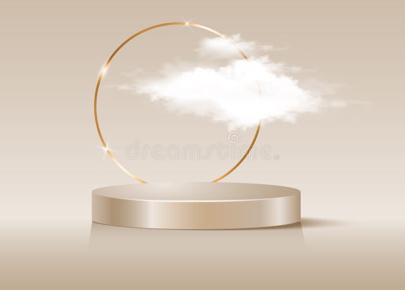 3d platforma studio wyświetlać minimalną złotą, okrągłą ramkę i fluffy cloud. studio niebieskie piętro. luksusowy pokaz sceniczny royalty ilustracja
