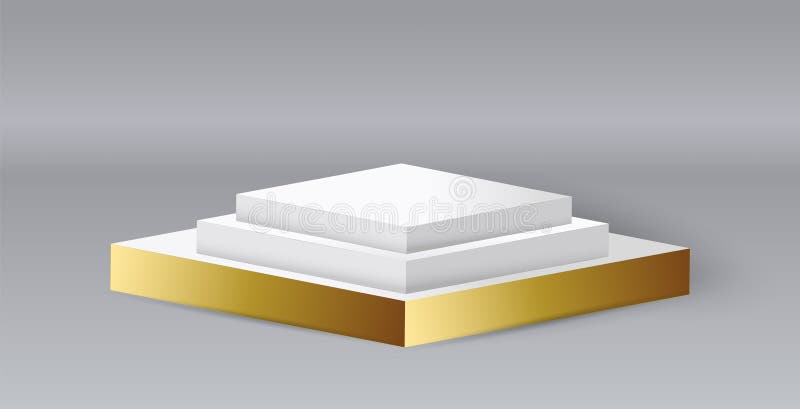 3D podium. Elegant white and gold empty platform for product presentation, simple grey background. Showcase for advertising and royalty free illustration