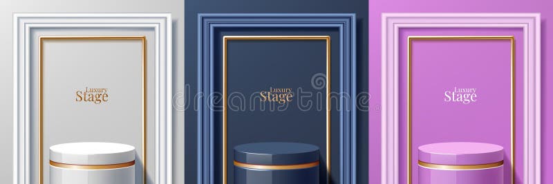 3D-Podium. luxuriöser Bogenhintergrund mit weißem schwarzem oder goldfarbenem, elegantem Ständer, rosa Rahmen Schönheitspflege. ab stock abbildung