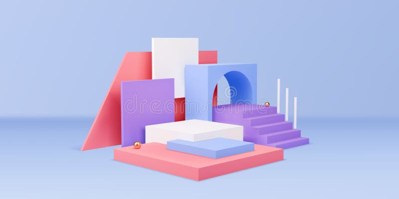 3D podium. Minimal pedestal. Stand scene with Memphis line shapes. Abstract geometric playground. Game room interior vector illustration