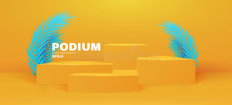 3D podium. Realistic minimal empty scene. Showcase and shelf. Round empty stage with palm leafs and shadow royalty free illustration