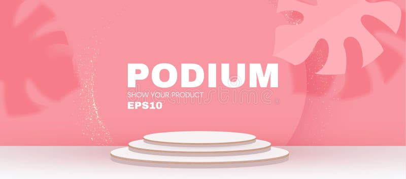 3D podium. Realistic minimal empty scene. Showcase and shelf. Round empty stage with palm leafs and shadow stock illustration