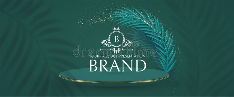 3D podium. Realistic minimal empty scene. Showcase and shelf. Round empty stage with palm leafs and shadow royalty free illustration