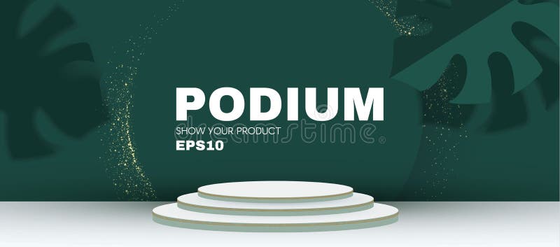 3D podium. Realistic minimal empty scene. Showcase and shelf. Round empty stage with palm leafs and shadow stock illustration