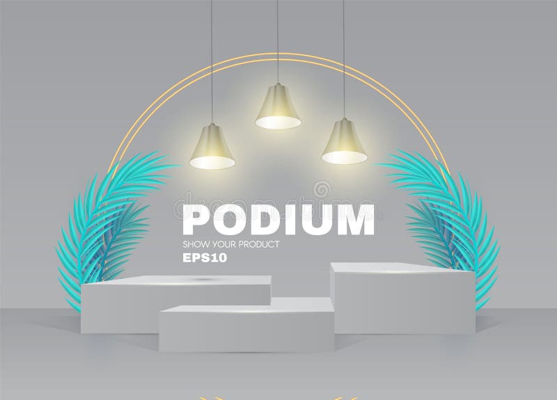3D podium. Realistic minimal empty scene. Showcase and shelf. Round empty stage with palm leafs, shadow, spotlighta and vector illustration