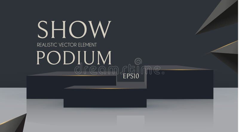 3D podium with soft reflection and flying triangles. Realistic minimal empty scene. Showcase and shelf. Trendy black and stock illustration