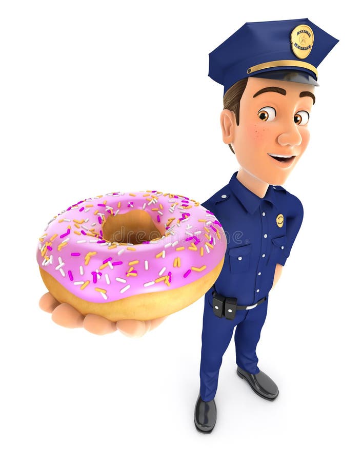 Polícia 3D em pé a segurar uma rosquinha cor-de-rosa ilustração stock