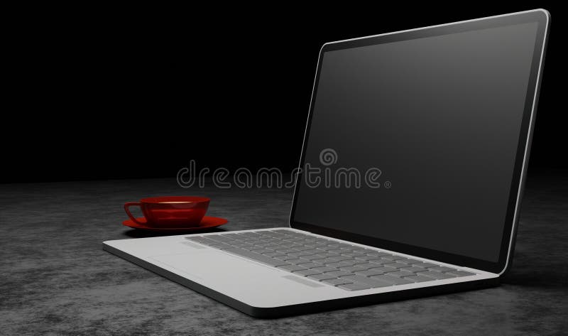 3d portátil de vista lateral de representación con una taza de café en escena oscura libre illustration