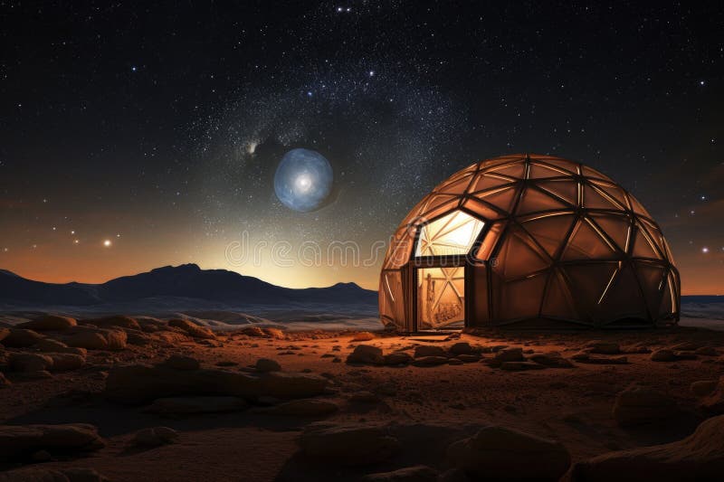 3d-printed mars habitat dome under starry sky vector illustration
