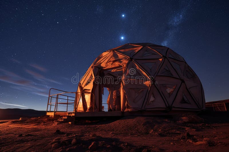 3d-printed mars habitat dome under starry sky stock illustration