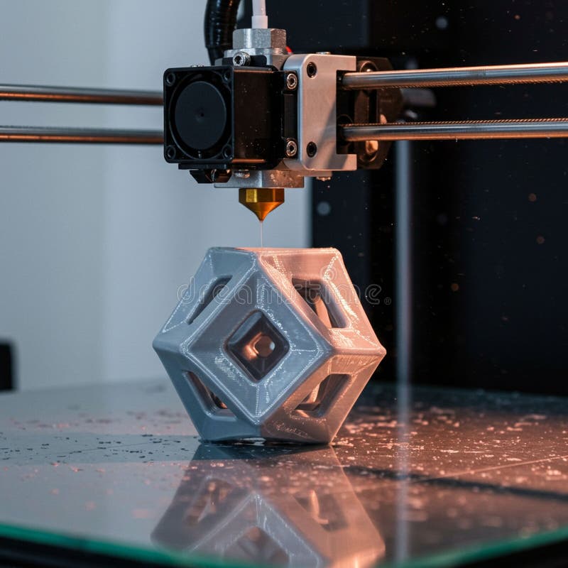 3D printer in action, creating a geometric, open-frame shape with interlocking square royalty free illustration