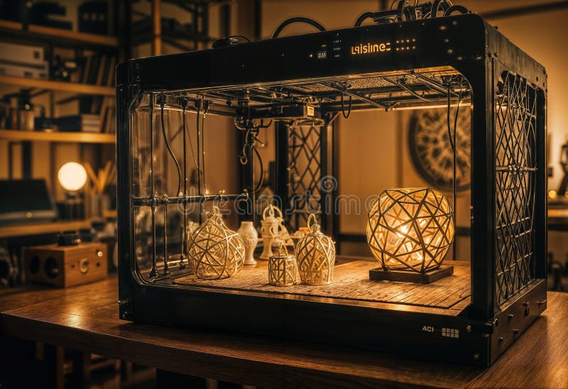 3D Printer Creates Illuminated Geometric Sculptures Inside a Cage-Like Enclosure - Modern Design stock illustration