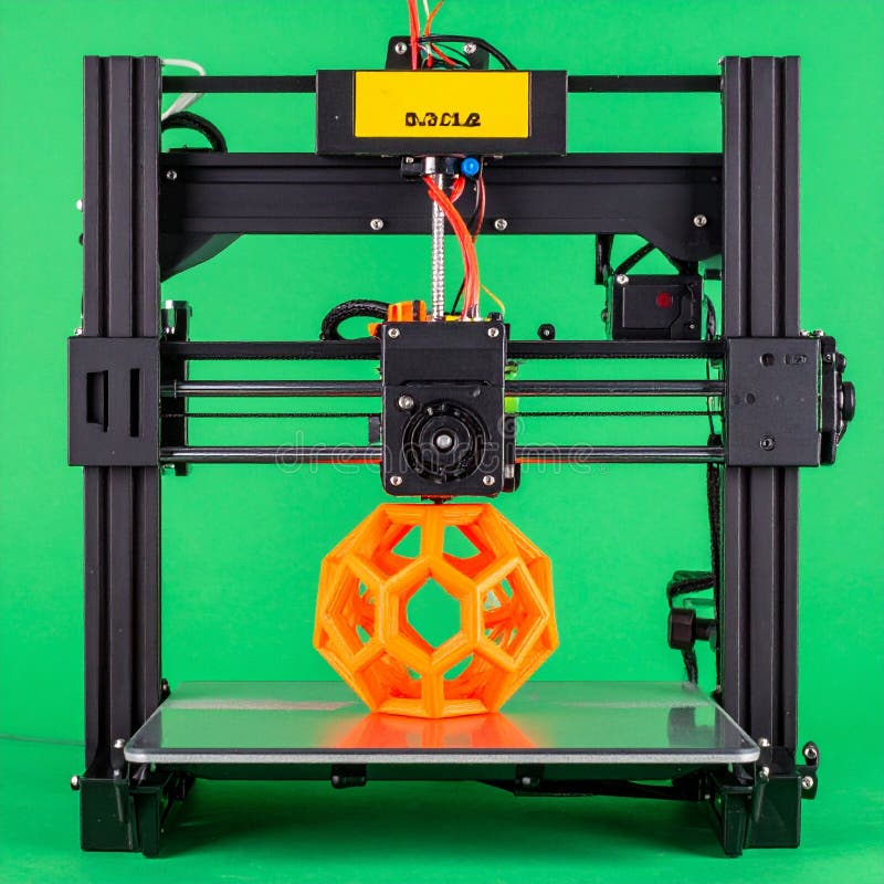 3D Printer Creating a Complex Orange Geometric Model stock illustration
