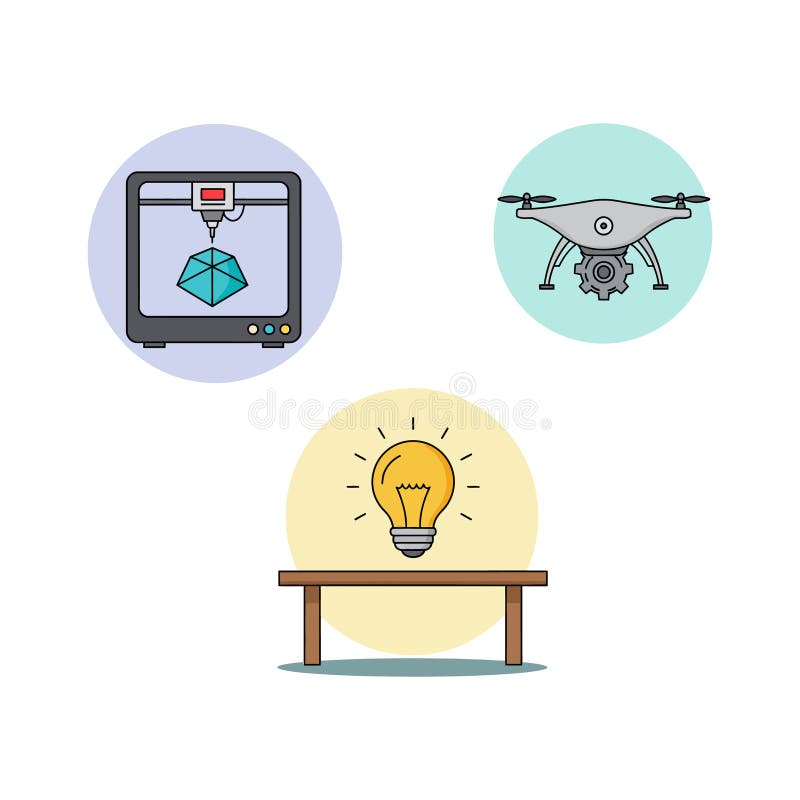 3D printer creating geometric object drone with camera and glowing light bulb on wooden table minimal vector illustration royalty free illustration